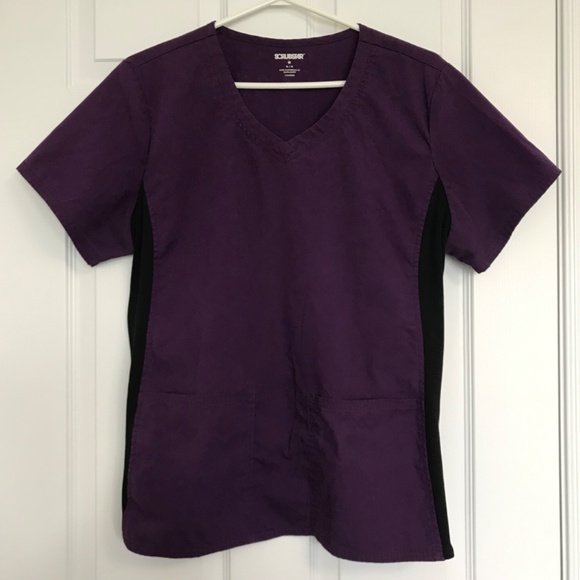 SCRUBSTAR Scrub Top Eggplant Purple Black M Short Sleeve V-Neck Front Pockets - Picture 2 of 15